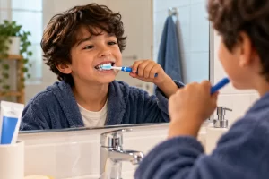 Un niño se cepilla los dientes delante de un espejo.