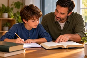 Un niño estudia un libro acompañado por una persona adulta.