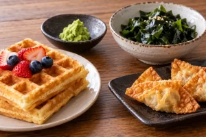 Un wafle, una pasta verde, algas preparadas y wantanes en distintos platos.