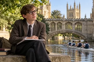 Un joven estudiante escribe junto a un río y edificios universitarios.