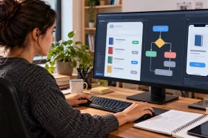 Desarrolladora adulta trabajando con pantallas de una aplicación y un diagrama de flujo.