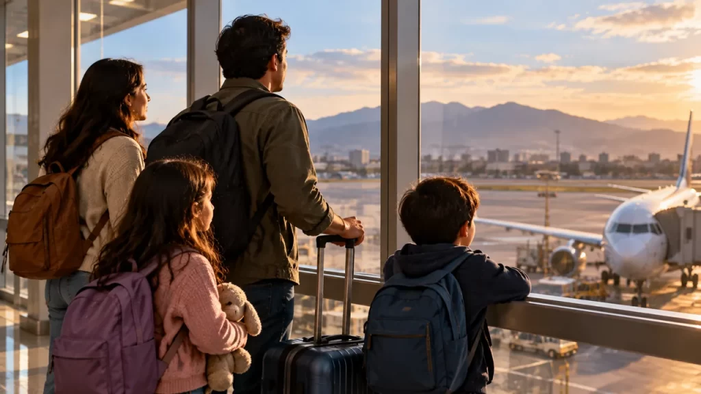 Una familia con equipaje observa un avión desde la terminal de un aeropuerto.