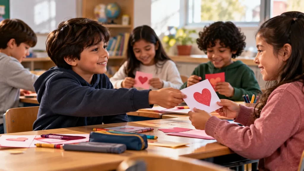 Día del Amor y la Amistad para niños: una celebración que incluye a todos 1 Un grupo de niños intercambia tarjetas con corazones dibujados en el aula.