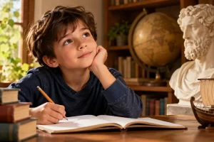 Un niño consulta un libro rodeado de objetos de estudio.