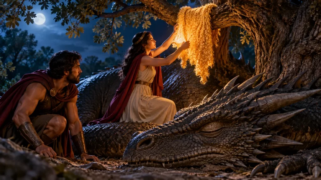 Medea recoge el vellocino dorado mientras el dragón duerme y Jasón espera junto al árbol.