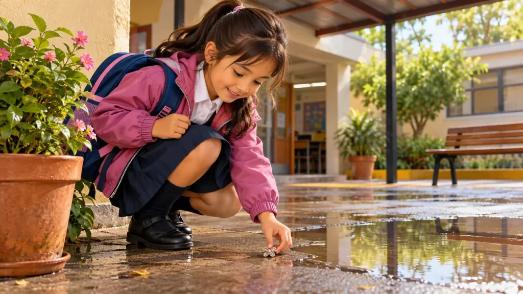 Una niña con mochila recoge un broche junto a una maceta y un charco.