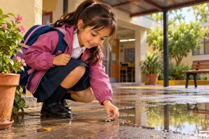 Una niña con mochila recoge un broche junto a una maceta y un charco.