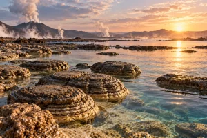 Costa rocosa imaginada con formaciones abultadas en aguas poco profundas y volcanes al fondo.