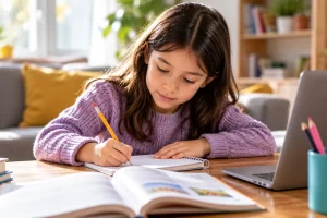 Una niña anota ideas junto a un libro y un ordenador.