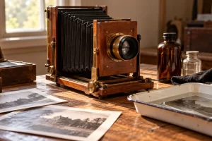 Una cámara de fuelle sobre una mesa de trabajo fotográfico.