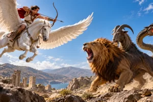 Belerofonte, sobre Pegaso, apunta con su arco hacia la Quimera.