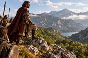 Dirigente medieval imaginado con un grupo en un paisaje montañoso.