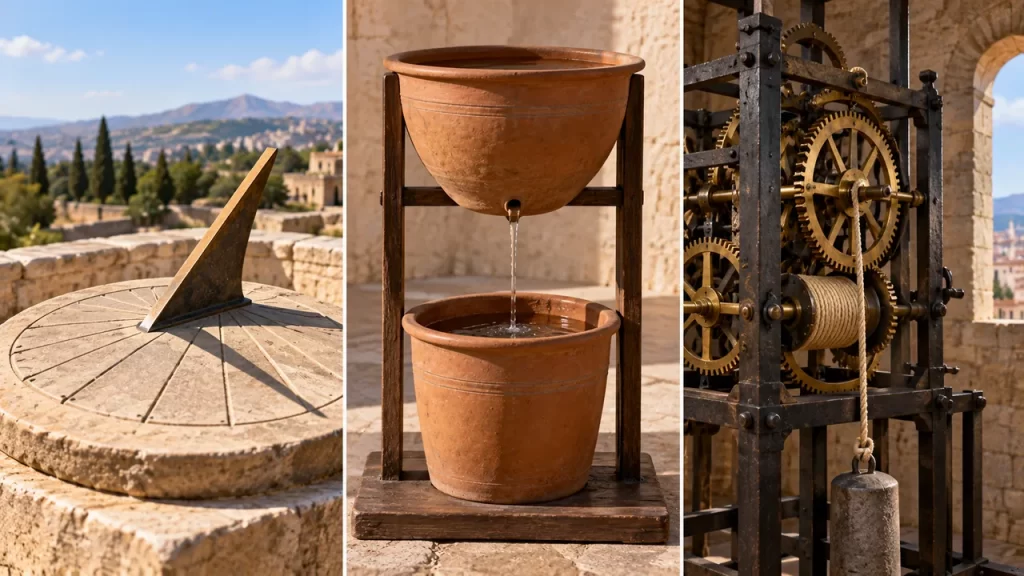 Tres escenas muestran un reloj solar, un reloj de agua y un mecanismo de engranajes.