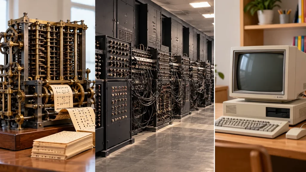 Historia del computador para niños: de las ruedas al ordenador personal 1 Tres escenas ilustran un mecanismo de ruedas, una gran computadora electrónica y un ordenador personal.