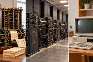Tres escenas ilustran un mecanismo de ruedas, una gran computadora electrónica y un ordenador personal.