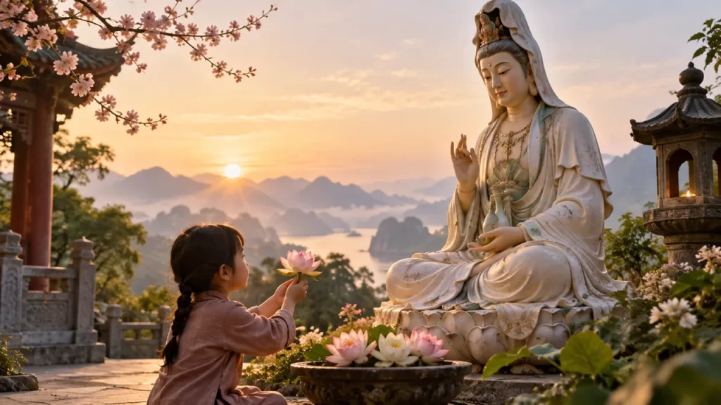 Una niña ofrece una flor ante una representación imaginada de Guanyin en un jardín.
