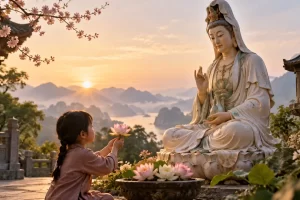 Una niña ofrece una flor ante una representación imaginada de Guanyin en un jardín.
