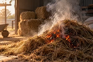 Un montón de heno arde y desprende humo en un cobertizo.