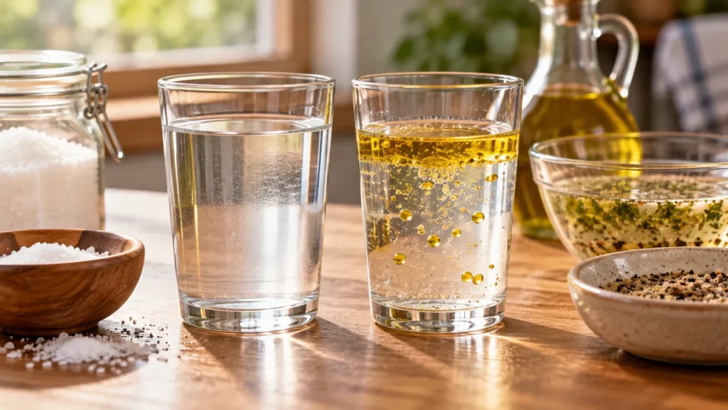 Vasos y cuencos muestran líquidos y materiales con distintos aspectos.