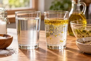 Vasos y cuencos muestran líquidos y materiales con distintos aspectos.