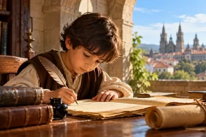 Un niño escribe con una pluma entre libros y documentos, en una escena imaginaria.
