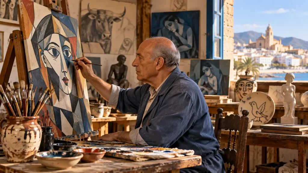 Picasso para niños: su vida, sus obras y una actividad resuelta 1 Un pintor trabaja en un retrato de formas geométricas en un taller imaginado.