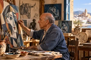 Un pintor trabaja en un retrato de formas geométricas en un taller imaginado.
