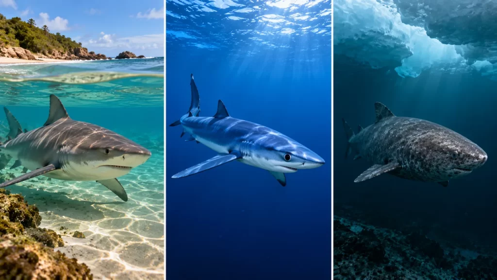 Dónde viven los tiburones: costas, mar abierto y aguas frías 1 Tres escenas separan ambientes costeros, oceánicos y fríos con tiburones ilustrados.