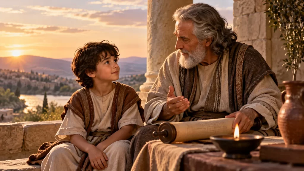 Qué significa Samuel: origen del nombre y distintas interpretaciones 1 Un niño escucha a un maestro junto a un rollo escrito, en una escena imaginaria.