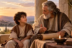 Un niño escucha a un maestro junto a un rollo escrito, en una escena imaginaria.