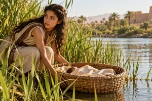 Interpretación de una muchacha junto a una cesta entre juncos a la orilla de un río.