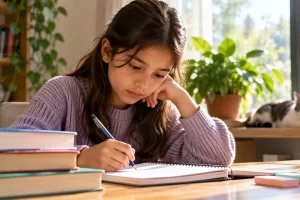 Una estudiante escribe en su cuaderno junto a una ventana.