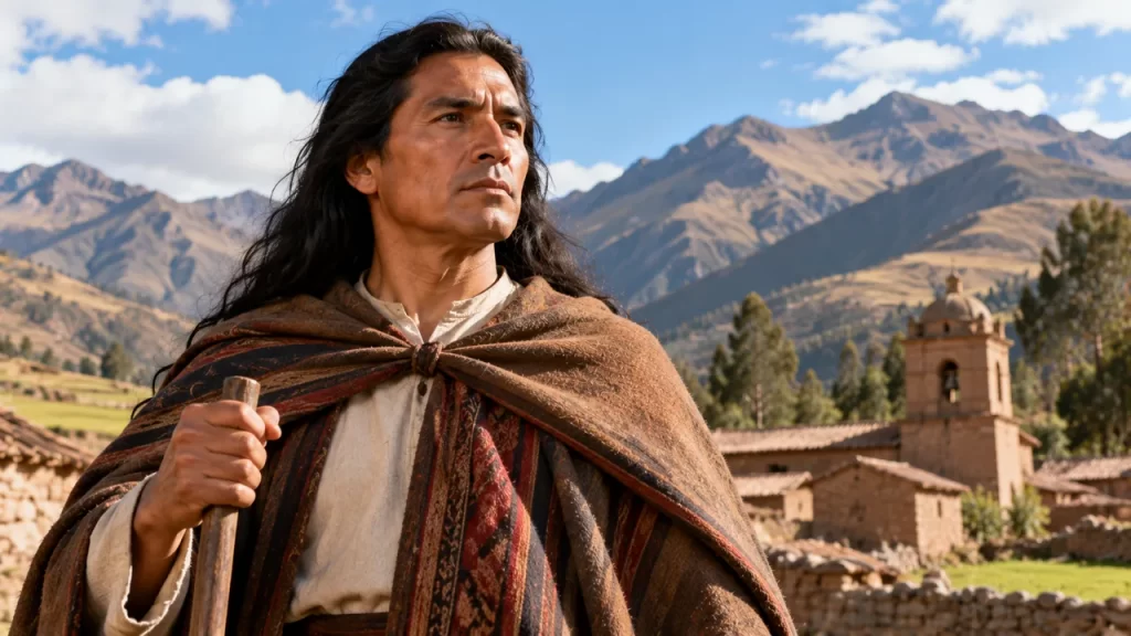 Dirigente andino imaginado con manto ante un paisaje rural.
