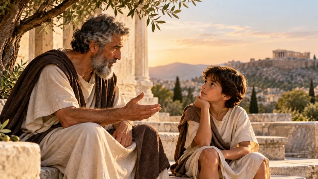 Un adulto y un niño conversan sentados bajo un olivo en un paisaje inspirado en Grecia.