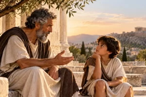 Un adulto y un niño conversan sentados bajo un olivo en un paisaje inspirado en Grecia.
