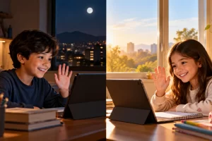 Dos niños se saludan por videollamada desde habitaciones con distinta luz exterior.