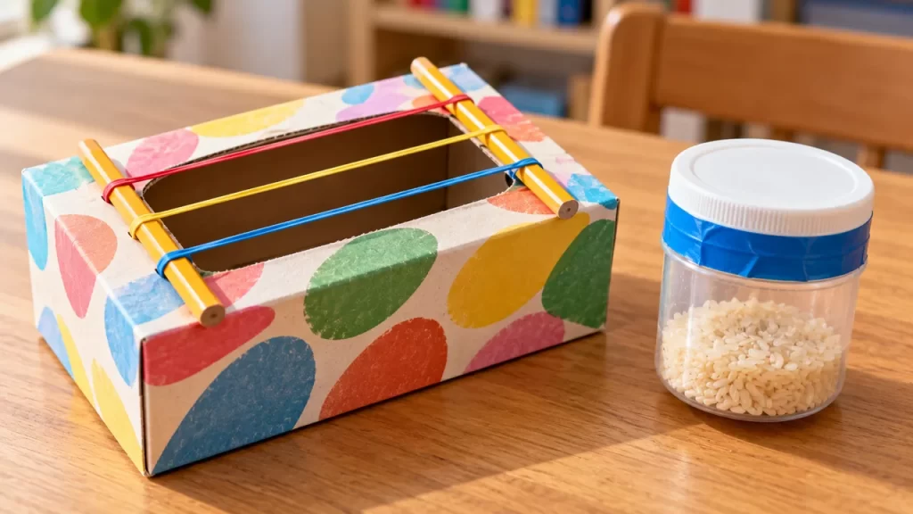 Caja con tres cuerdas elásticas sobre dos lápices y un recipiente cerrado con arroz.