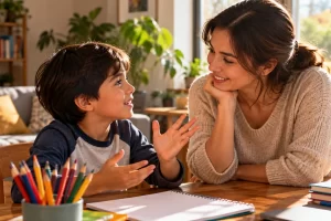 Una madre y un niño conversan en casa junto a un cuaderno.