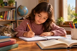 Una niña trabaja en un cuaderno mientras un gato descansa junto a sus libros.