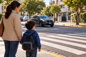 Un niño y una adulta esperan cogidos de la mano en la acera junto a un paso de peatones.