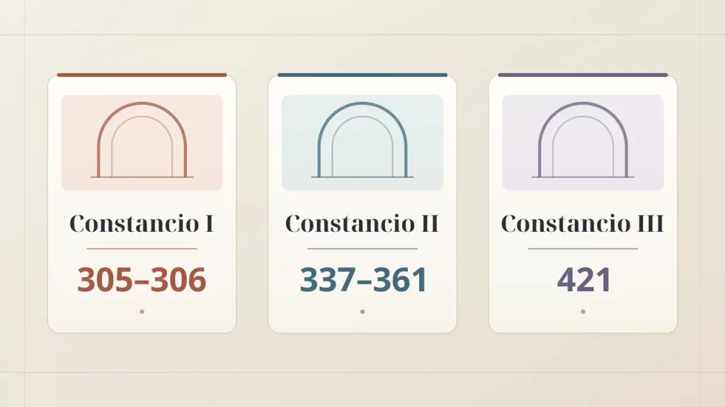 Emperador Constancio: cómo distinguir a Constancio I, II y III 1 Tres tarjetas distinguen Constancio I, 305–306; Constancio II, 337–361; y Constancio III, 421.