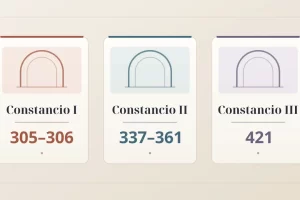 Tres tarjetas distinguen Constancio I, 305–306; Constancio II, 337–361; y Constancio III, 421.