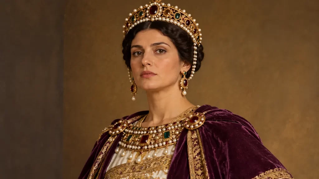 Teodora, emperatriz bizantina: quién fue y cómo conocemos su historia 1 Mujer imaginada con manto y joyas de inspiración bizantina.