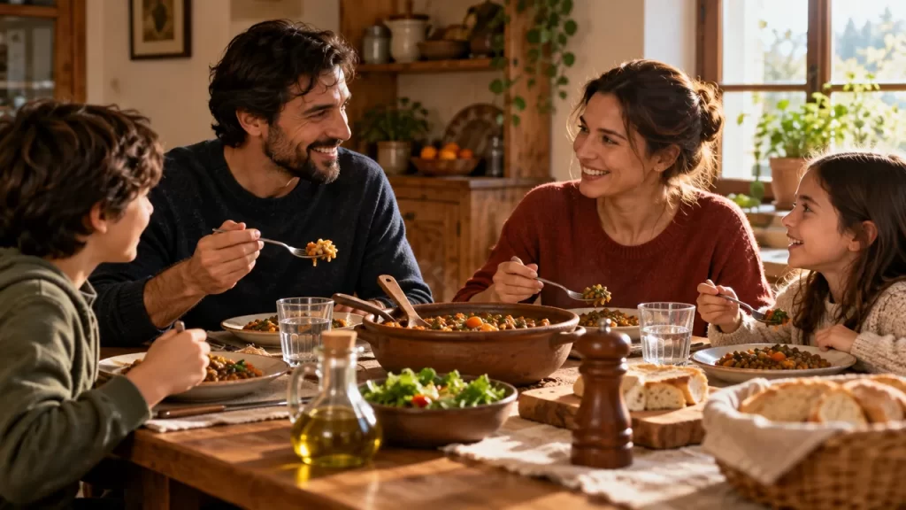 Una familia conversa mientras comparte una comida en casa.