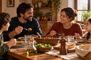 Una familia conversa mientras comparte una comida en casa.