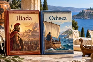Libros ilustrados con los títulos Ilíada y Odisea junto a una nave simbólica.