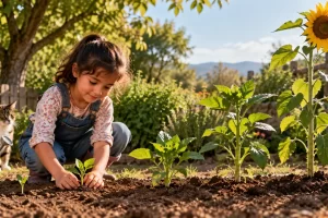 Una niña cuida una planta pequeña en un jardín con plantas de diferentes tamaños.