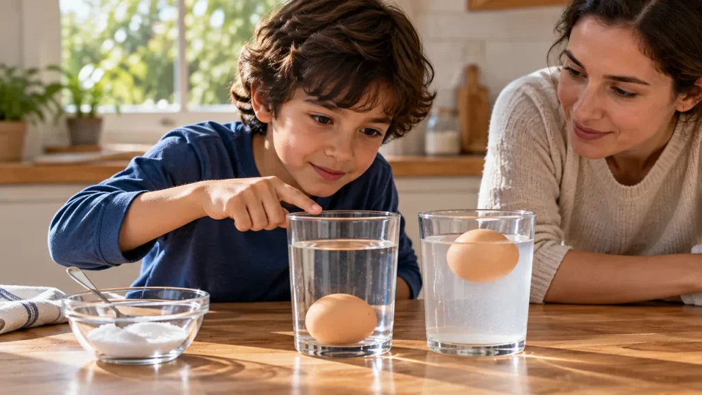Por qué un huevo flota en agua: explicación y experimento con sal 1 Niño y adulta comparando un huevo hundido con otro que flota en agua con sal.