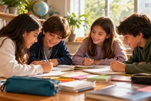 Cuatro estudiantes comparan cuadernos y trabajos sobre una mesa.