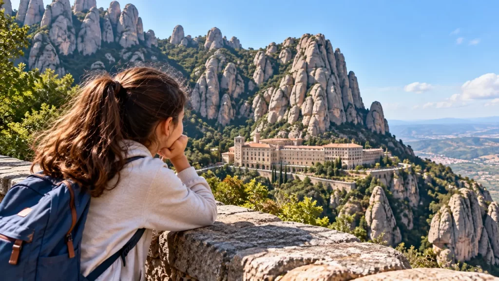 Una niña observa un paisaje ilustrado de montañas dentadas y un monasterio.